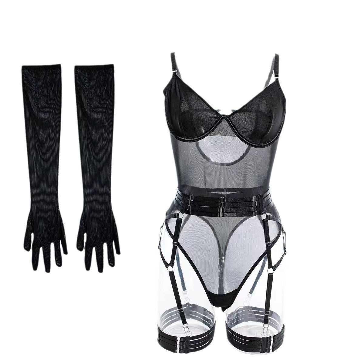 Damen Overall mit Netzdetails und Handschuhen – Elegante Strumpfhosen-Optik