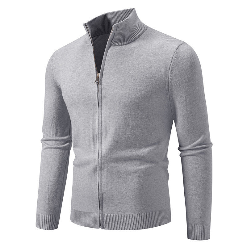 Stand Collar Simple Zipper Solid Color Cardigan Sweater
